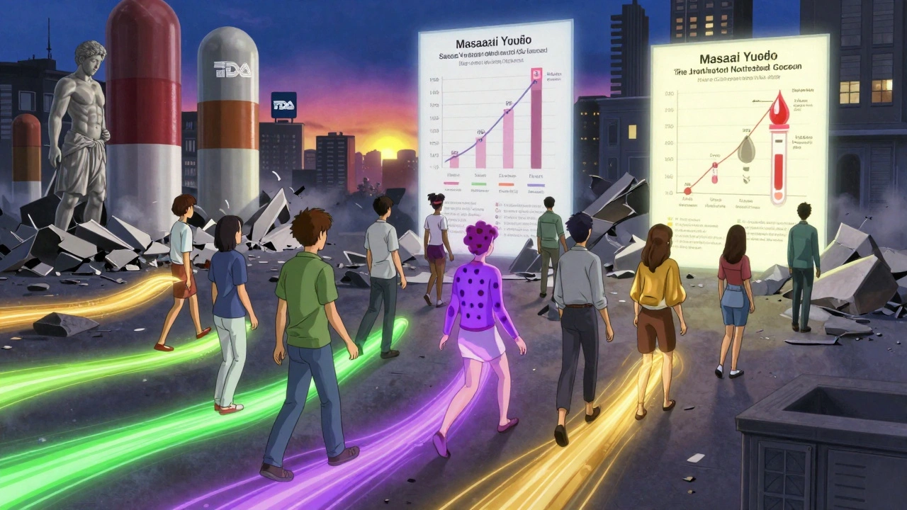 Diverse people leaving colorful trails of healing actions through a city where opioid statues crumble into dust.