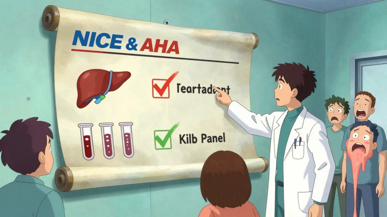 Doctor pointing to an animated guideline scroll replacing outdated tests with modern ones.