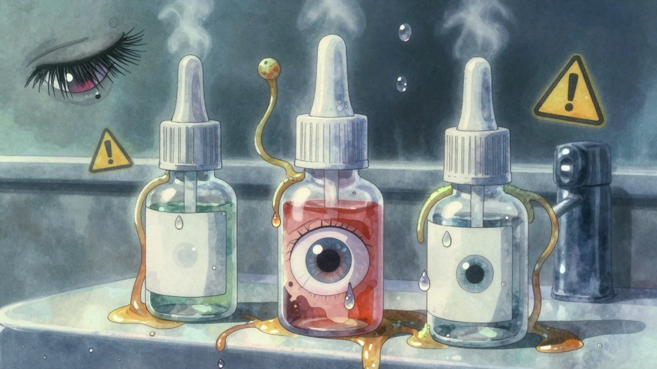 Expired eye drops with glowing bacteria tendrils creeping out on a bathroom counter.