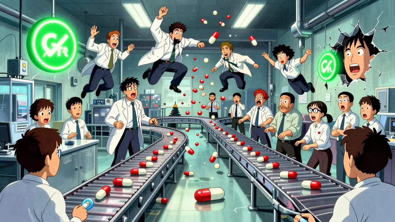FDA inspectors in a chaotic foreign drug plant with floating pills and glowing compliance symbols.