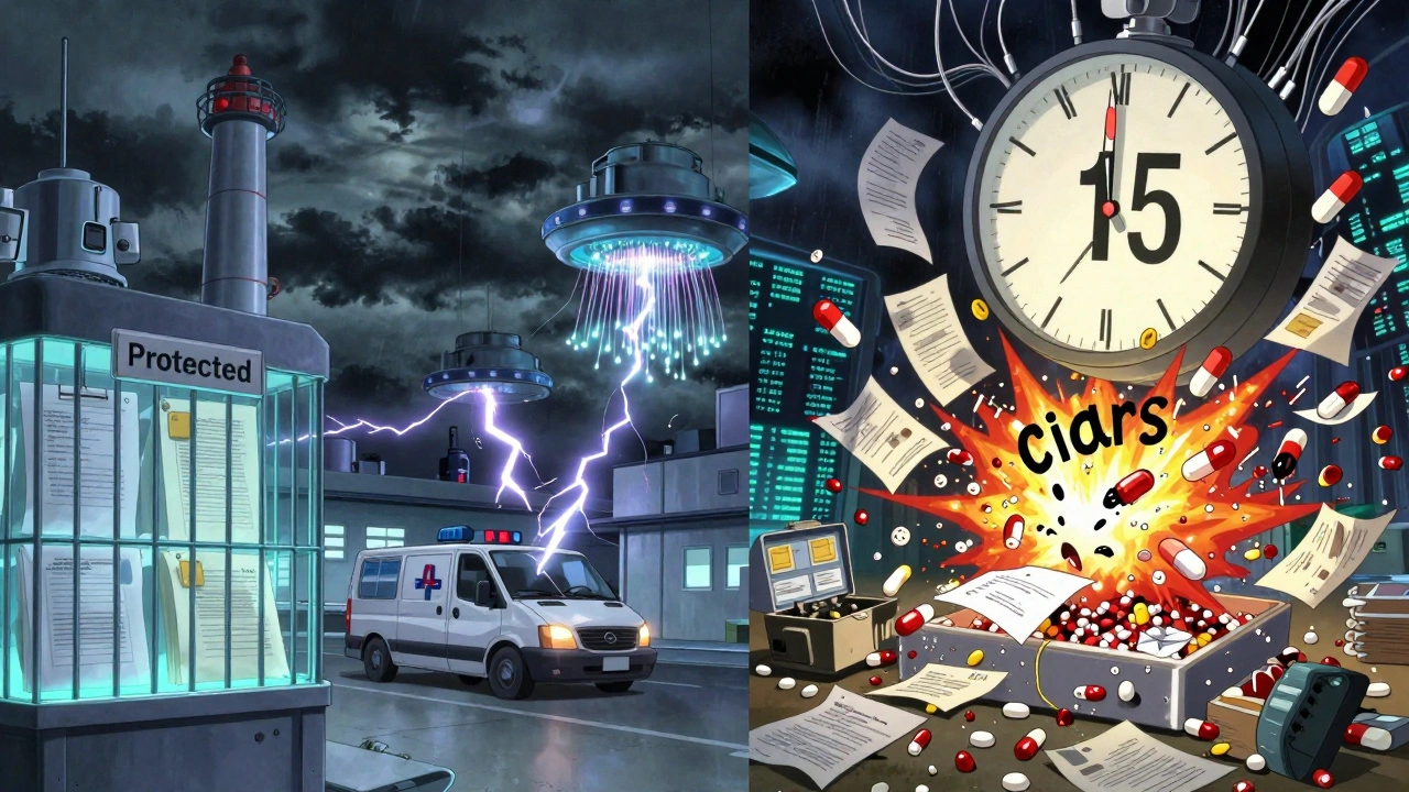 Foreign plant under stormy sky with protected audit reports locked away as contaminated pills turn into complaint letters.