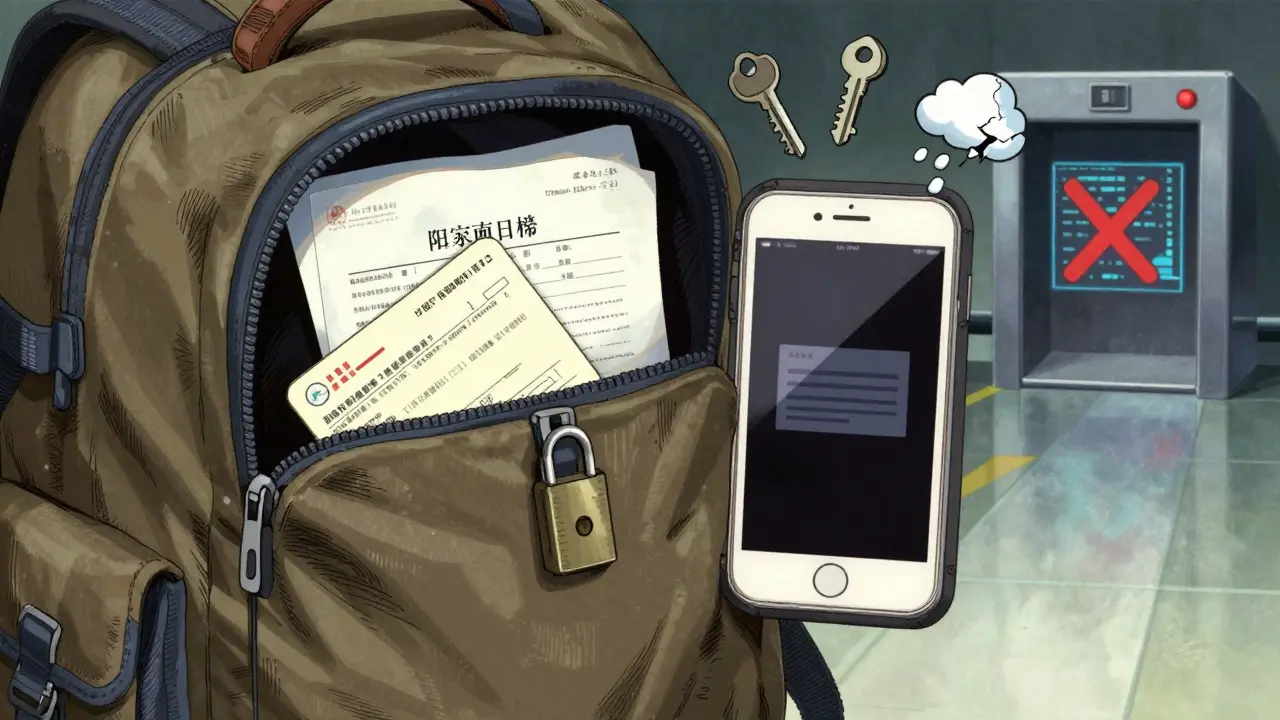 Hidden compartment in backpack holds laminated prescription and offline encrypted device.