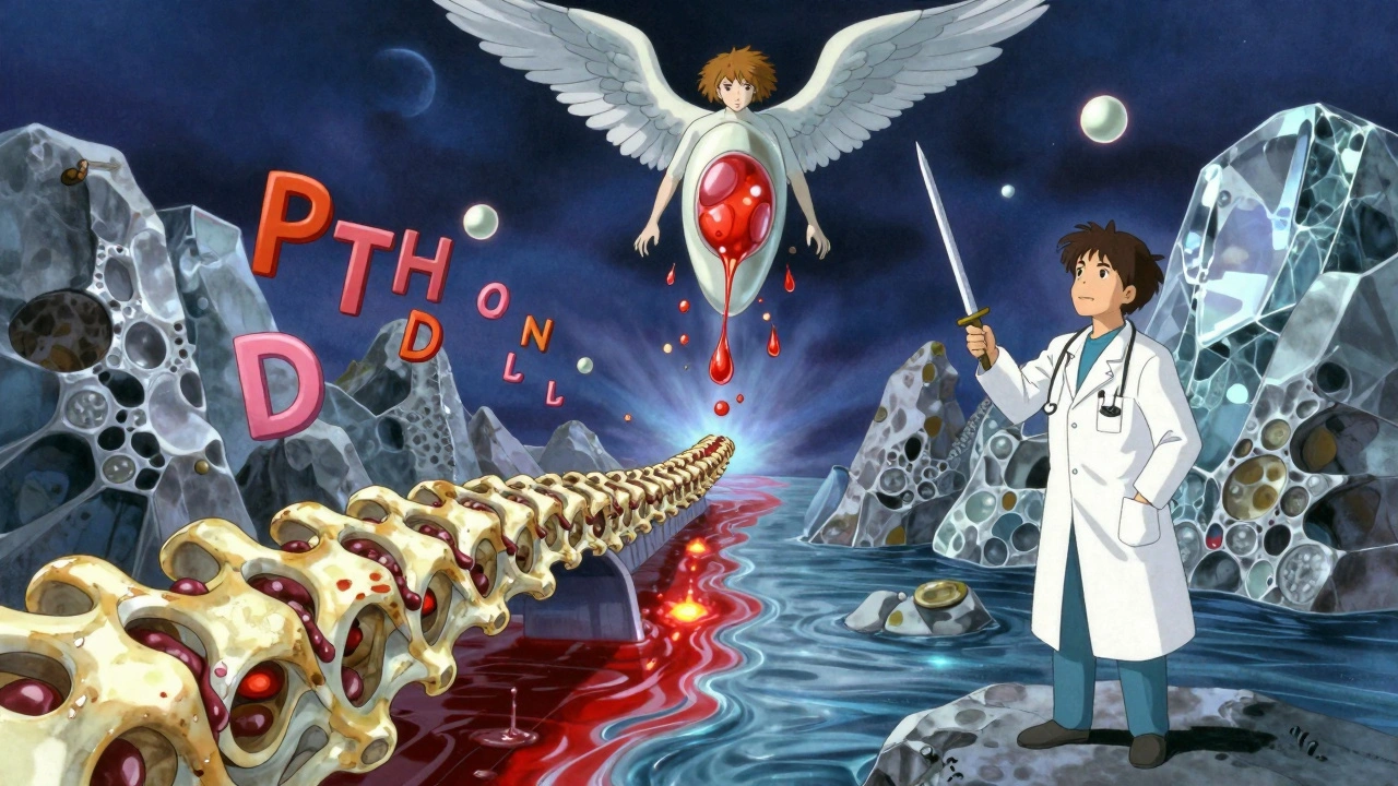 Patient&#039;s spine as a bridge over blood river, one side porous bone, other side calcified rock, Klotho angel dissolving deposits, doctor holding biopsy needle amid floating lab symbols.