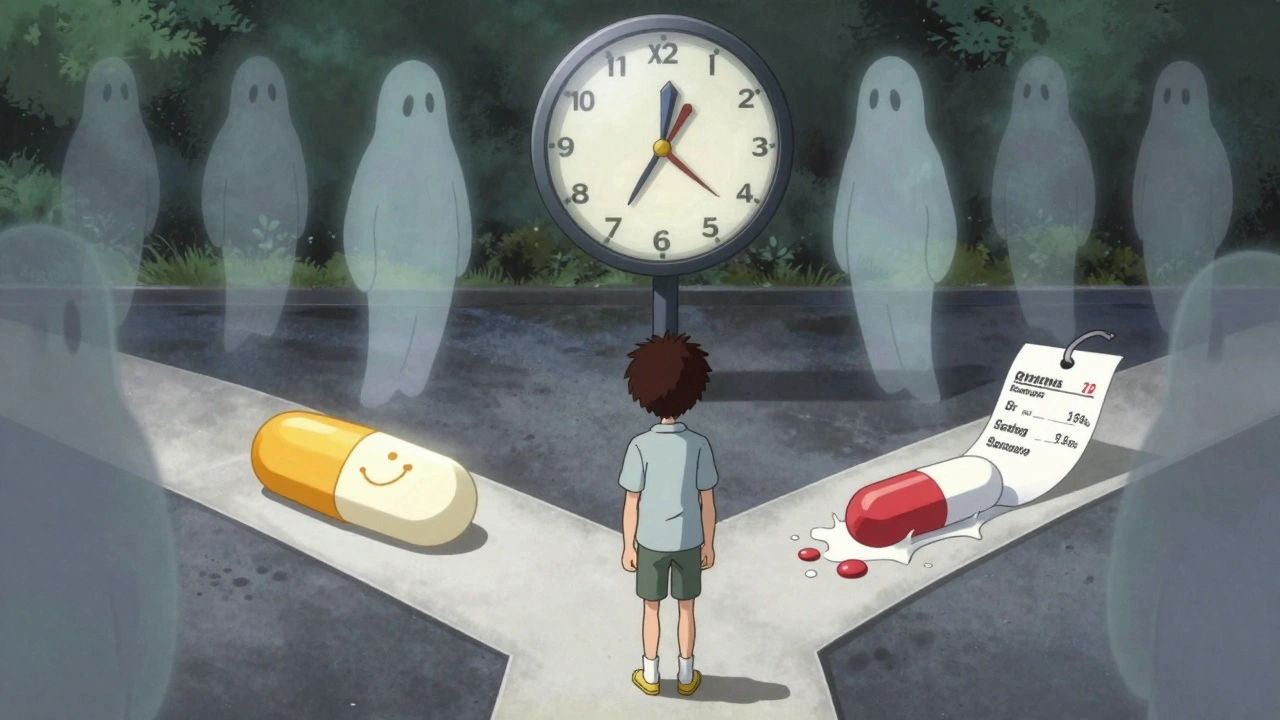 Patient at a crossroads between affordable generic pill and expensive brand pill, with corporate figures as silent gatekeepers.