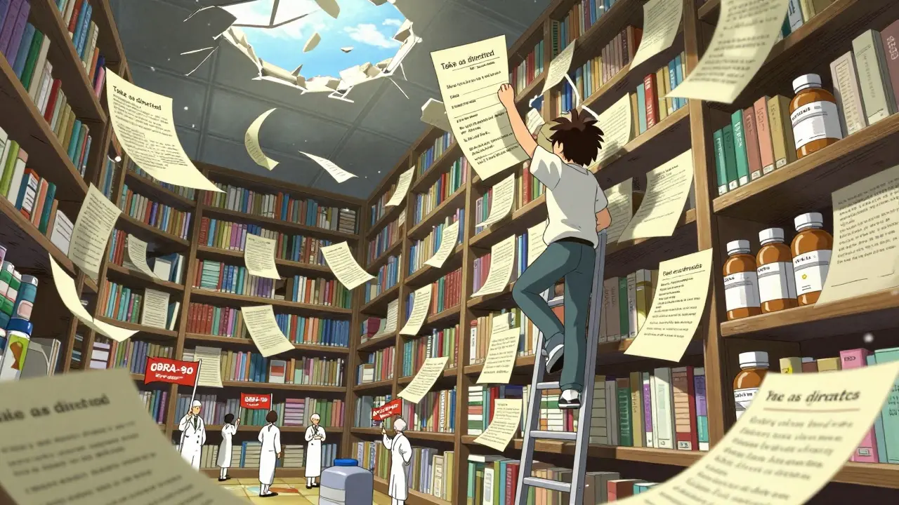 Patient climbing pill bottle ladder to grab detailed counseling note from floating papers.