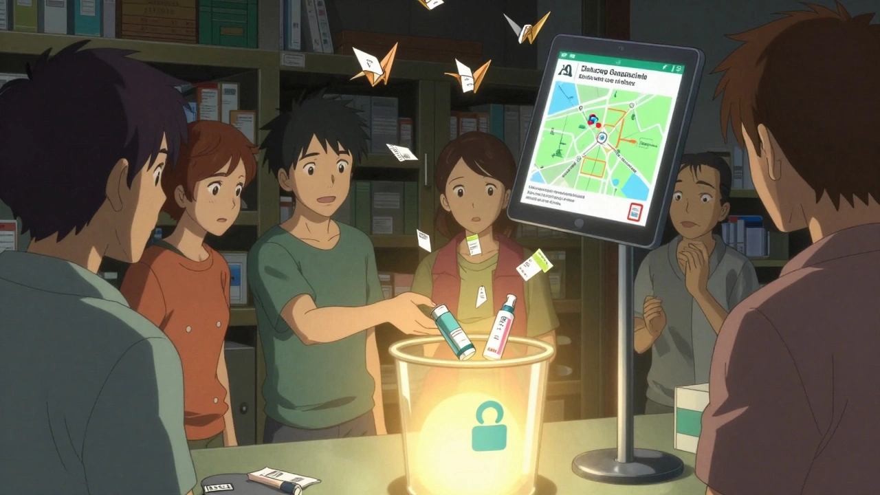 People disposing of expired medications at a pharmacy with a glowing disposal bin.