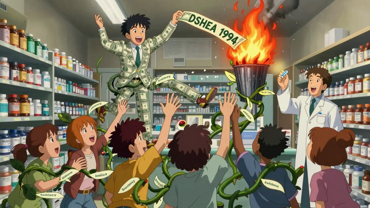 People reaching for supplements as their arms become vines of hidden dangerous ingredients.