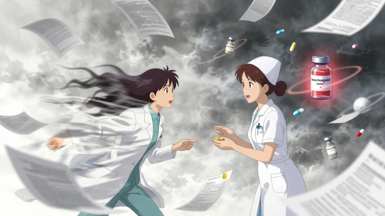 Pharmacist and nurse in motion amid floating biosimilar and generic pills with a red warning glow.
