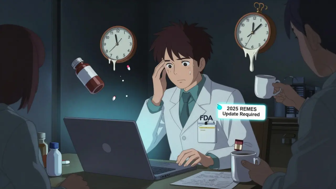 Pharmacist at night reviewing FDA Orange Book with melting clocks and pill bottles in surreal environment.