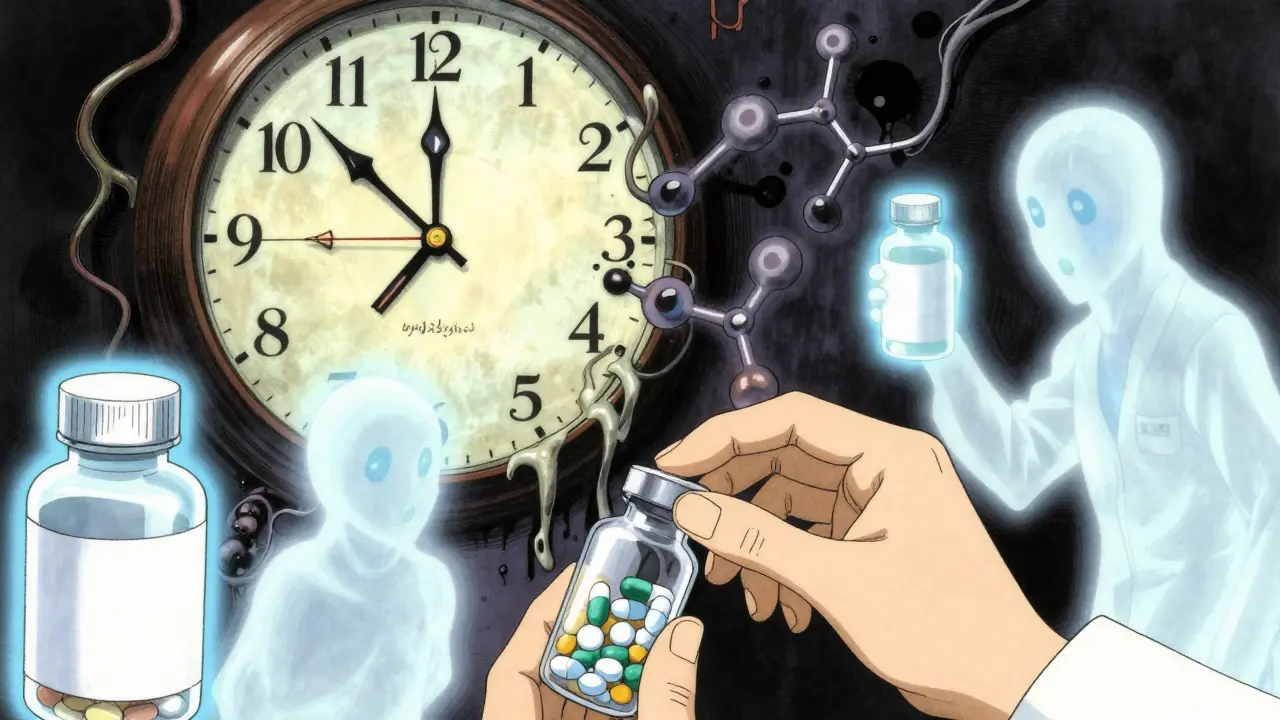 Pharmacist repackaging pills without desiccant, while original bottles glow protectively and chemical threats cling to the tablets.