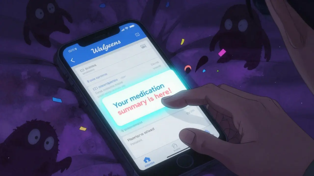 Phone screen showing email notification with medication summary in a dark bedroom.