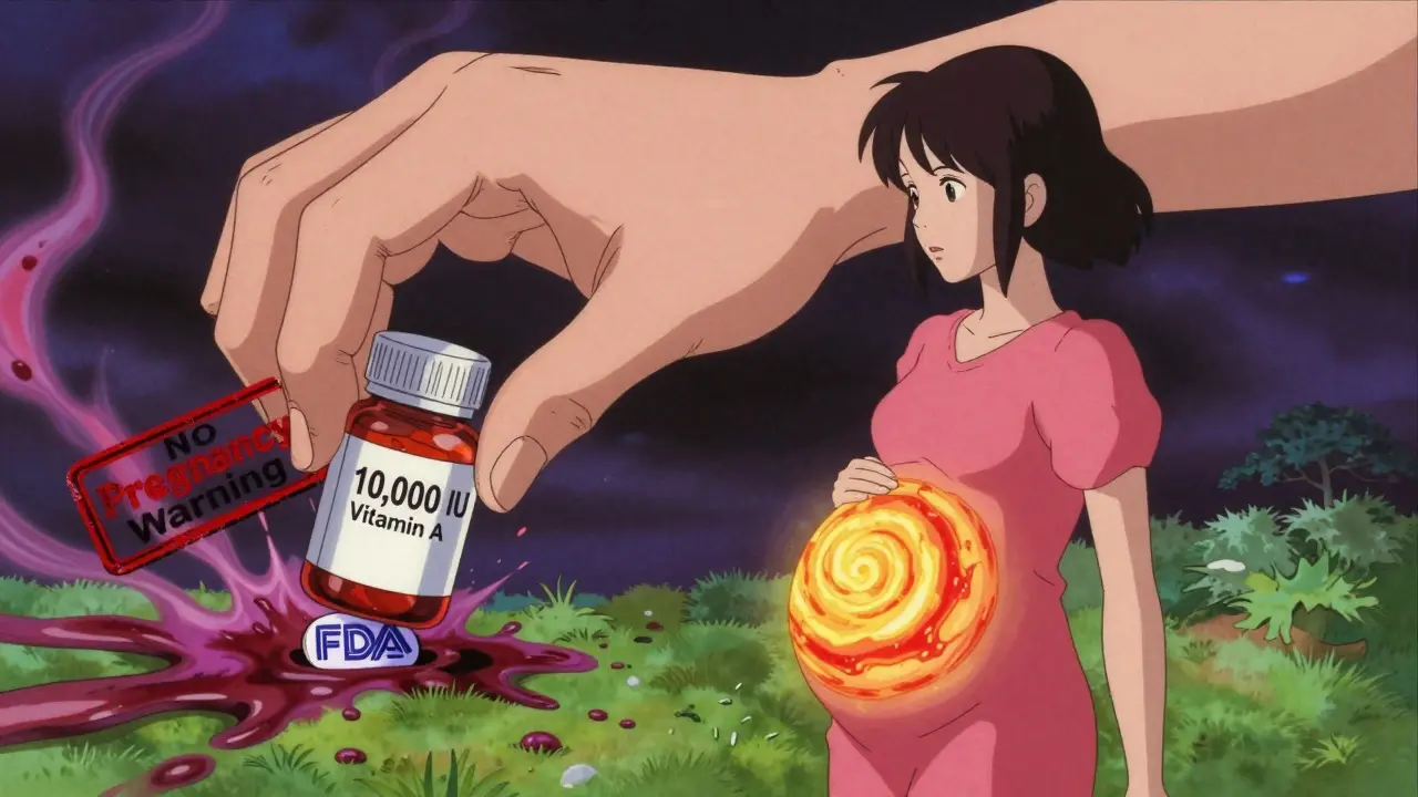 Pregnant woman’s body transforming into a retinol storm with invisible warning stamp.