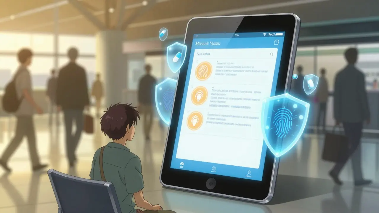 Secure pharmacy app display with encryption shields and biometric locks protecting a prescription.