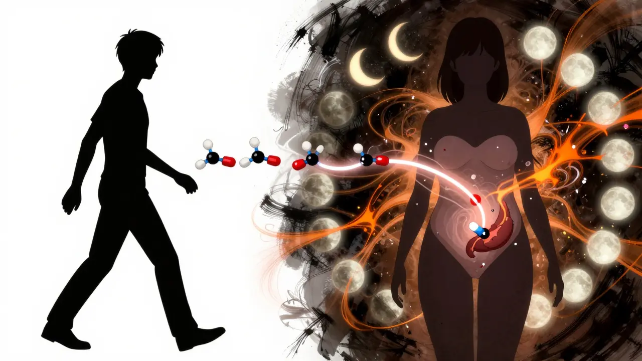 Split scene: male and female bodies processing the same drug differently, with menstrual phases influencing flow.