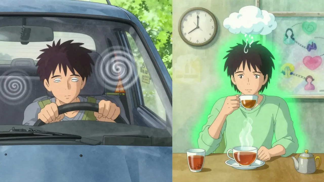 Split scene: one person drowsy in a car from ditan, another calm at a desk with gepant relief, contrasting side effects.