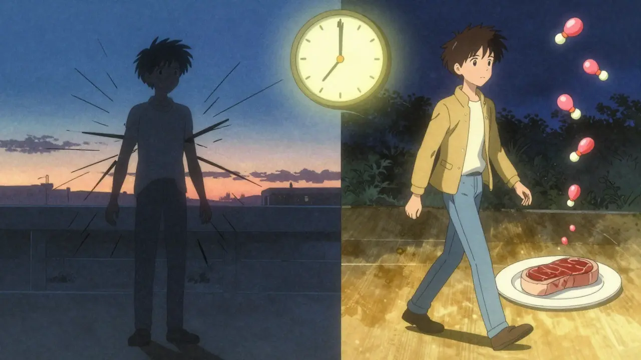 Split scene: person frozen in afternoon 'off' state vs. walking freely at dinner with protein confined to evening.