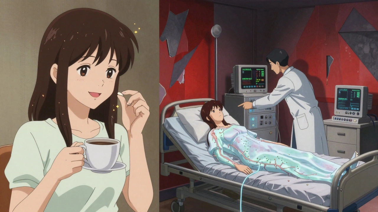 Split scene: woman taking biotin pill vs. hospitalized with misleading test results.