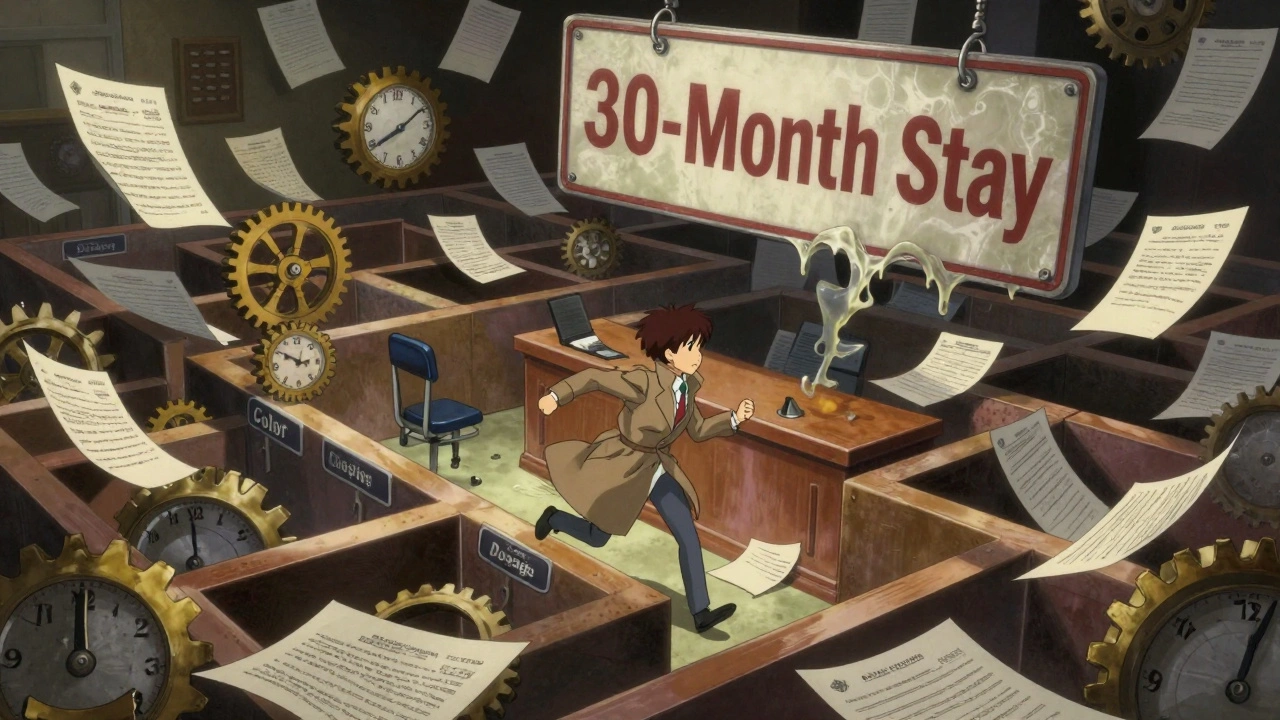 Surreal courtroom labyrinth of floating patent documents and clock gears, with a generic manufacturer running through barriers.