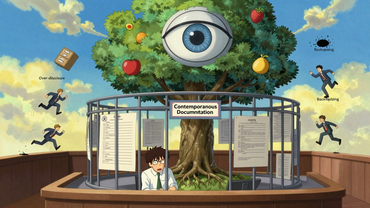 Surreal courtroom with regulations as a cage and a tree growing from documentation roots under an FDA eye.