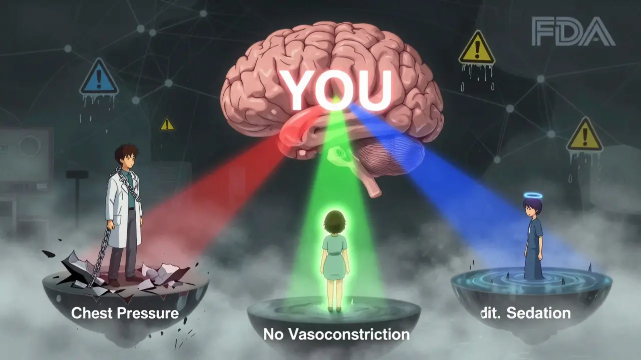 Three patients on floating platforms with different drug effects, a central brain emitting colored beams, abstract medical symbols in background.