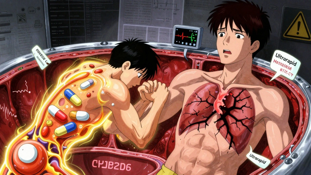 Two medications wrestling inside a CYP2D6 enzyme arena, patient above with flatlining heart monitor, genetic code floating around.