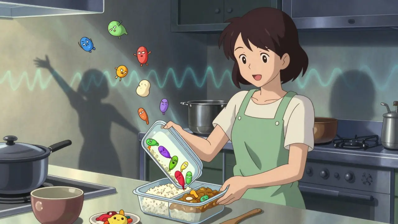 Woman cooking dinner with protein molecules gently contained in one meal, symbolizing smart timing for Parkinson’s management.