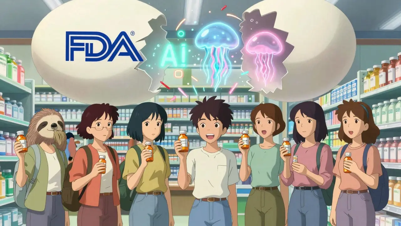 Women in pharmacy holding pill bottles that transform into animals, with a cracking FDA seal revealing AI dosage formulas.