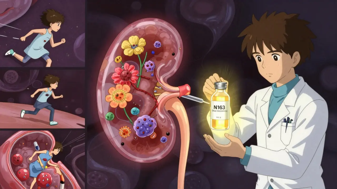 A biopsy needle piercing a kidney as immune cells bloom like flowers, with timelines of recovery glowing around it.