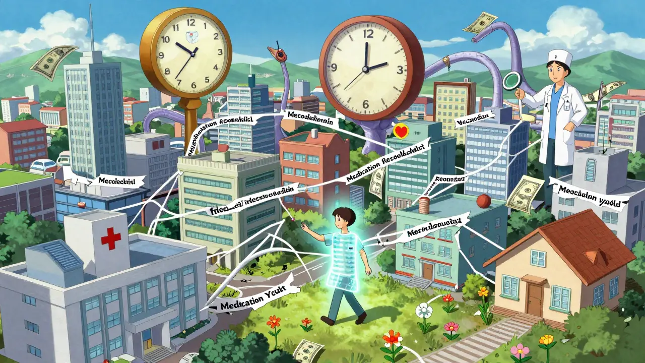 A city of healthcare systems connected by broken threads, with a patient rebuilding safety nets.