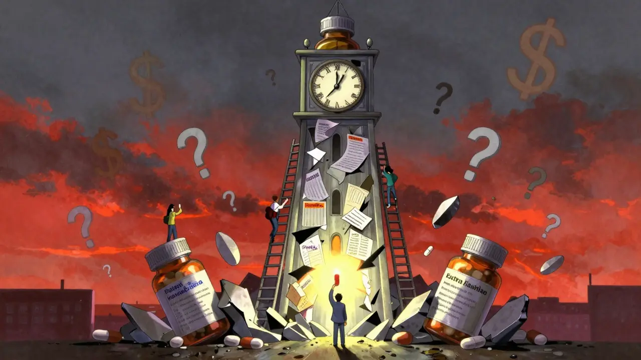 A crumbling clocktower made of medicine bottles with people climbing toward help using resource ladders.