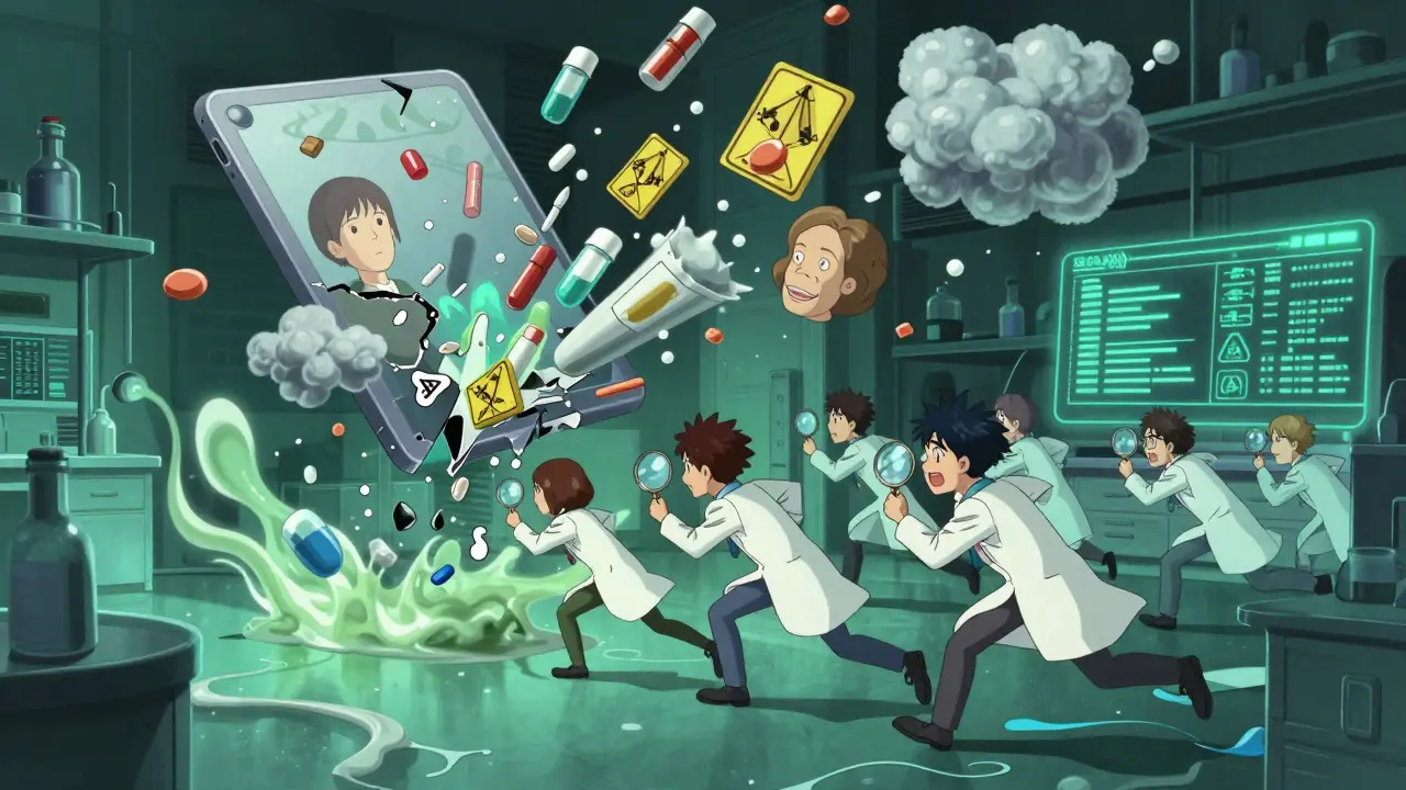 A crumbling tablet releasing abstract fillers and binders, while FDA analysts chase data trails in a warped lab environment.