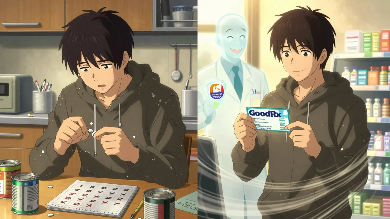A man splitting a pill at home vs. using a coupon at the pharmacy, shown in contrasting light and mood.