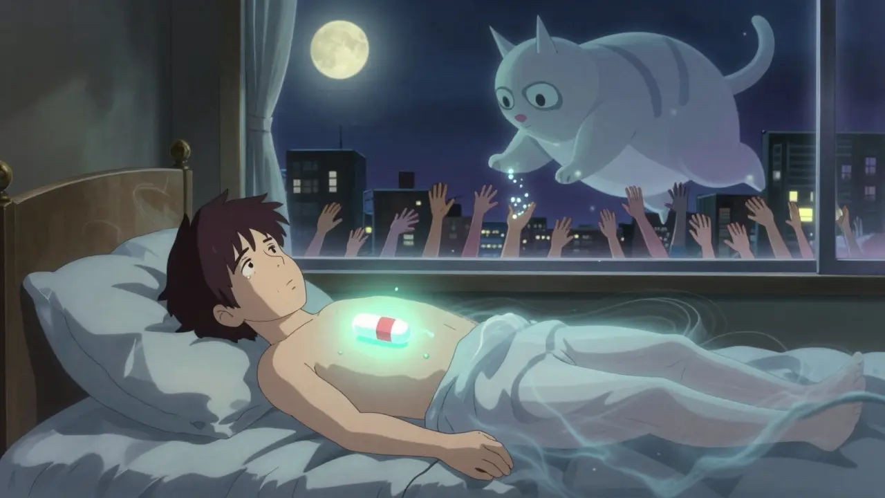 A patient's translucent body showing an unevenly dissolving pill inside, with shadows of side effects spreading like ink.