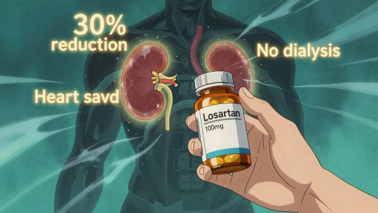 A patient holding a high-dose ARB pill, with their kidneys glowing and protected by floating health metrics.