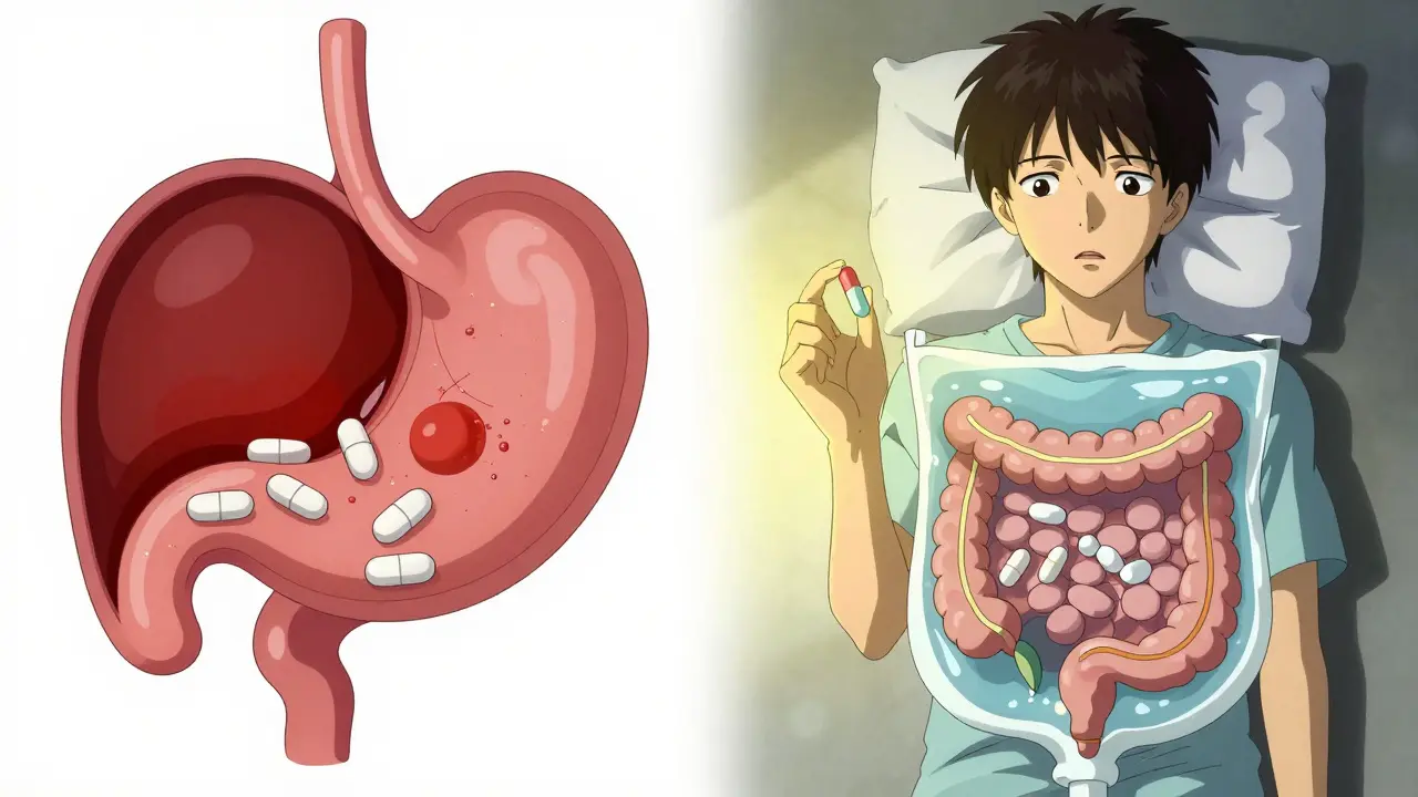 A patient holding two pills, standing between pre- and post-surgery stomach environments with vivid contrasting worlds.