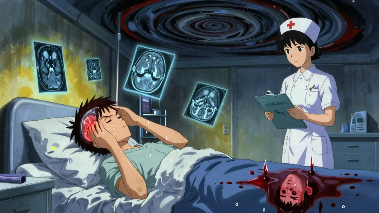 A patient in hospital with a headache, translucent skull revealing brain inflammation, ghostly MRI scans floating nearby.