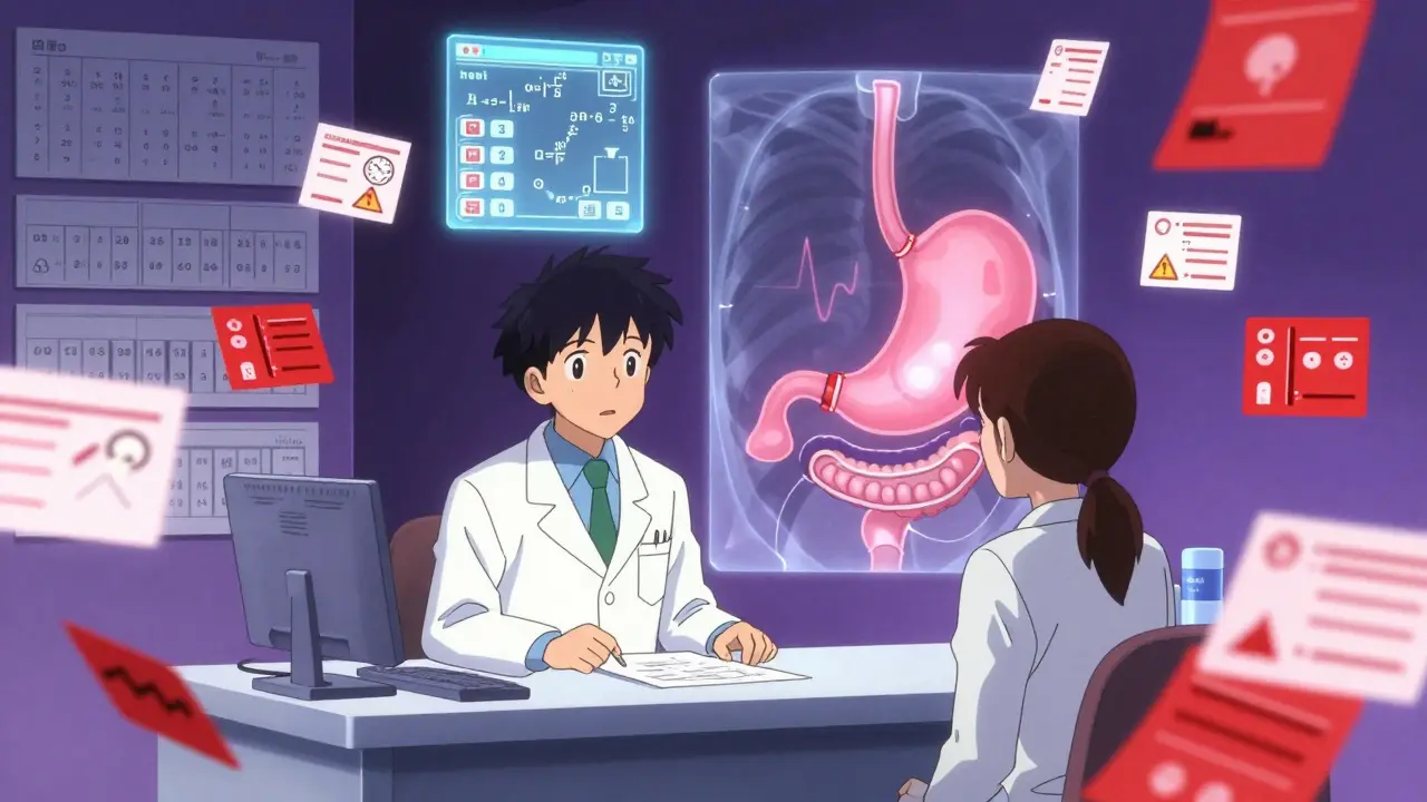 A pharmacist and patient surrounded by floating drug warnings and a holographic AI dosage calculator in a glowing pharmacy.