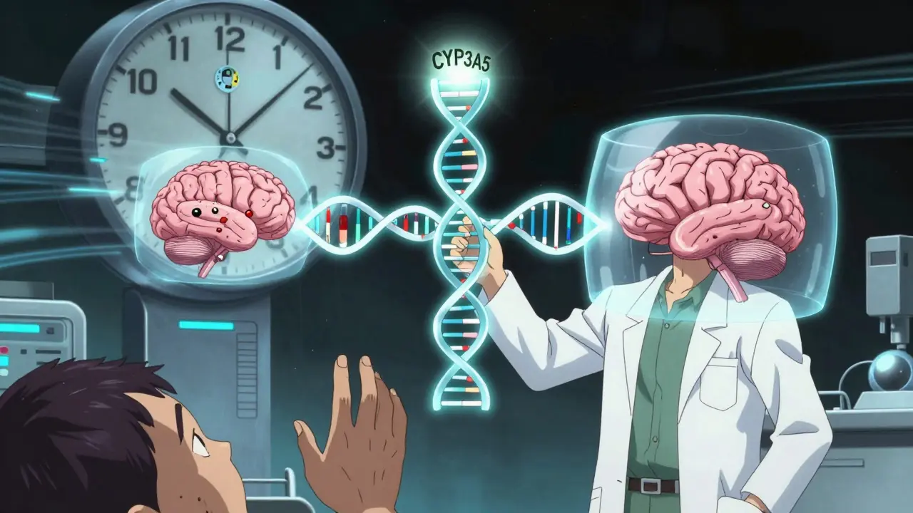 A scientist holds a glowing DNA strand showing genetic differences in drug response, with a new drug prototype emerging in the background.