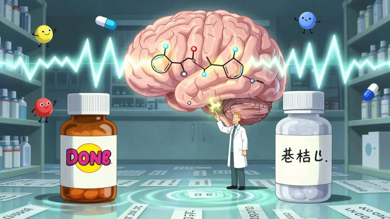 A stylized pharmacist pointing at two pill bottles while animated chemical structures flow into a brain.
