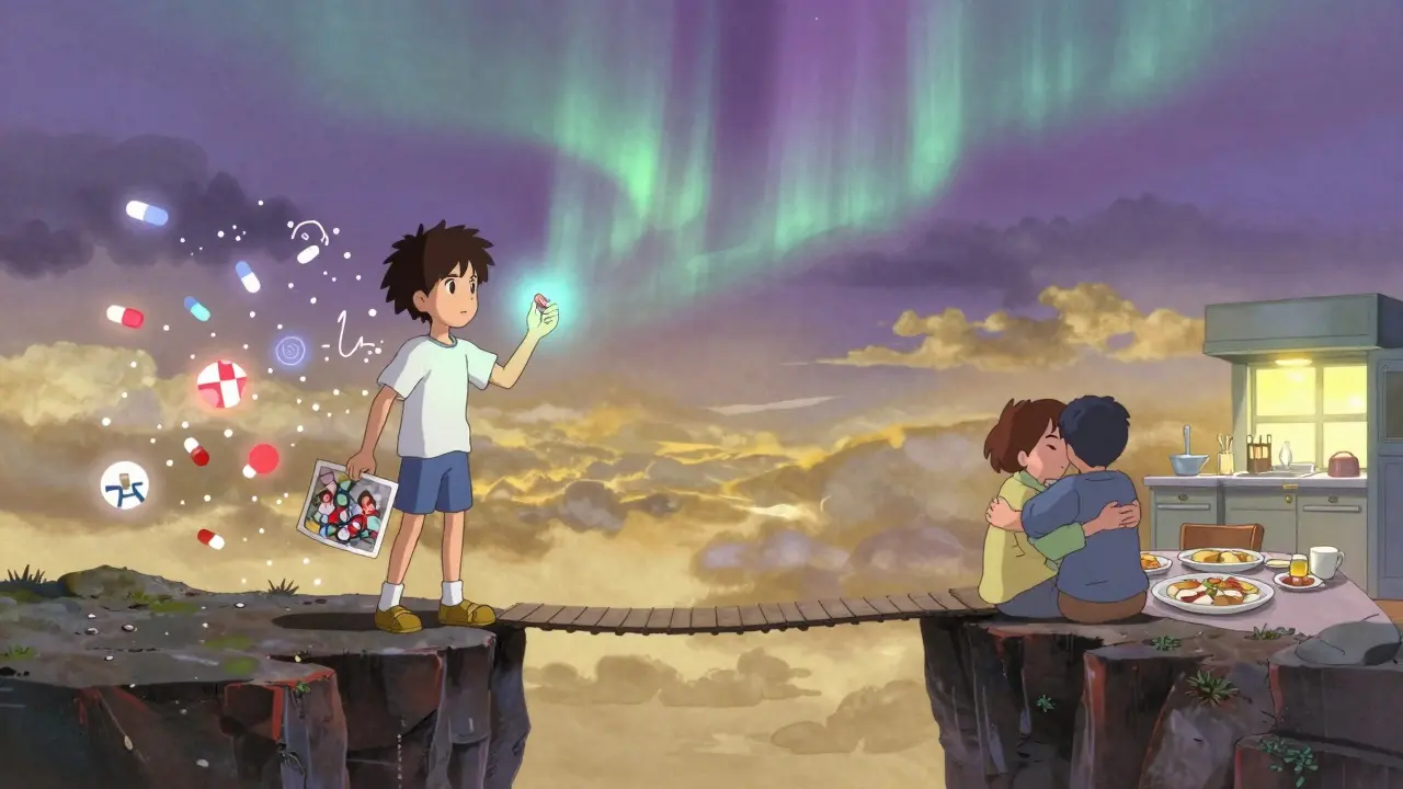 A teen at a crossroads between medication and family connection, standing over a chasm with symbolic bridges in dreamlike anime style.