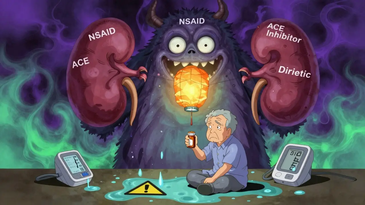 A three-headed monster attacking a kidney-shaped lantern while an elderly man holds a painkiller bottle.