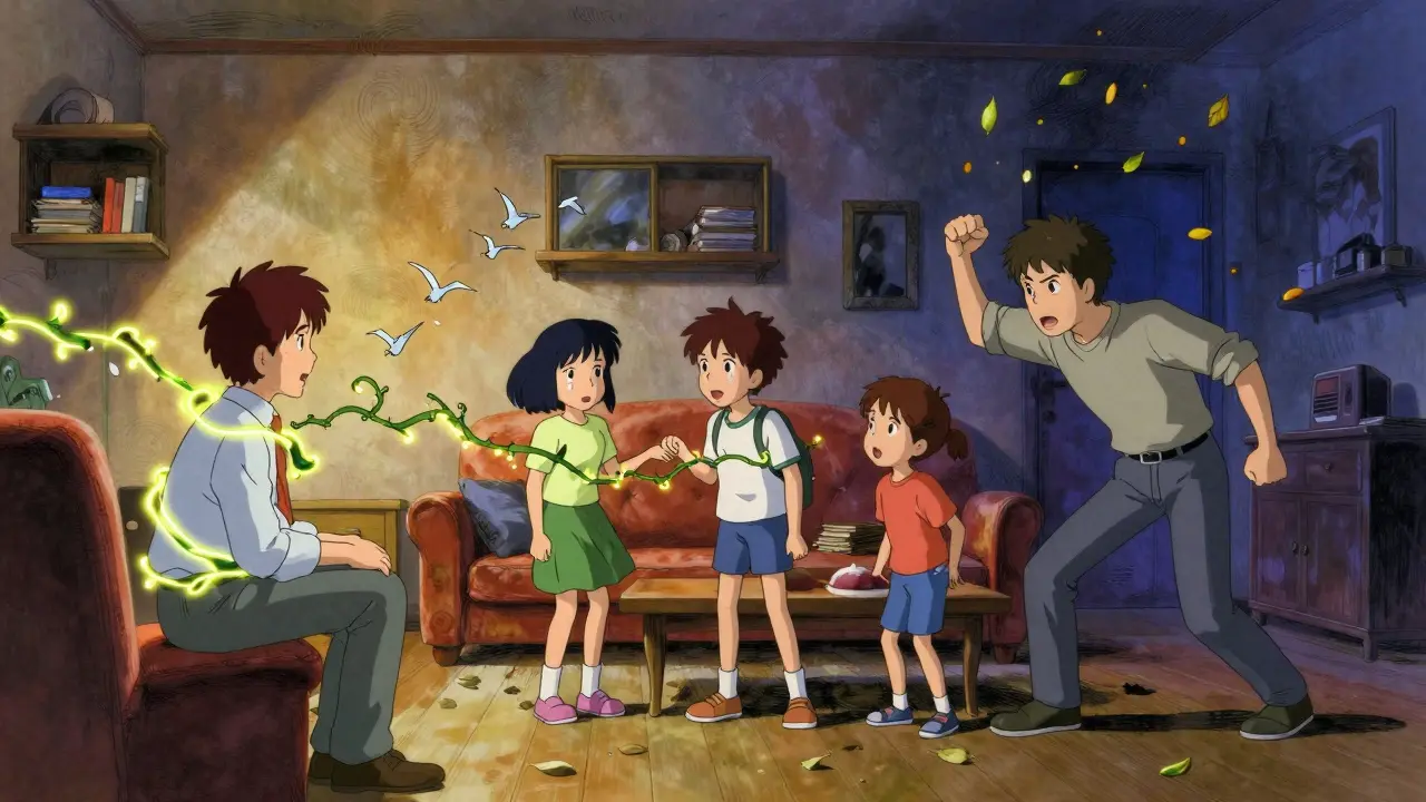 A warping family therapy session with floating furniture and glowing vines connecting parents and teen in expressive anime style.