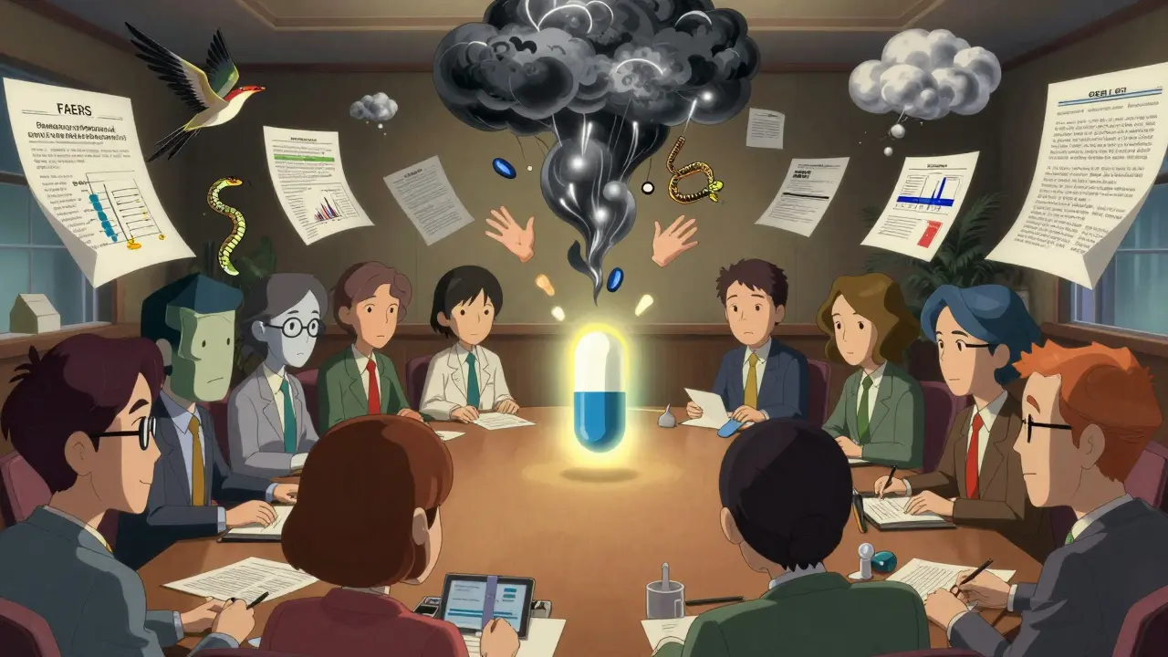 Abstract P&amp;T committee meeting with data clouds and a glowing generic pill at the center.