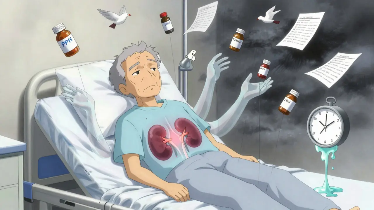 An elderly patient with a glowing damaged kidney, surrounded by floating medication bottles and melting clock.