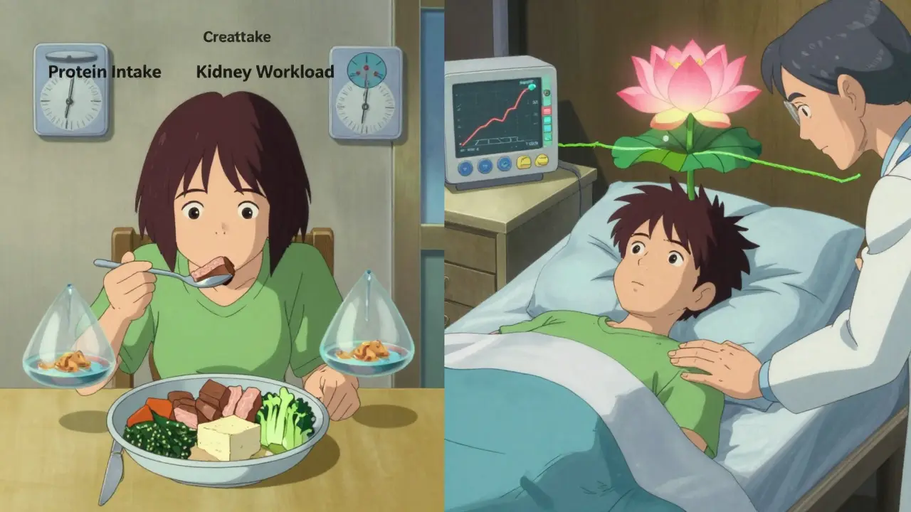Balanced diet on one side, rising creatinine transforming into a lotus on the other, symbolizing healing.