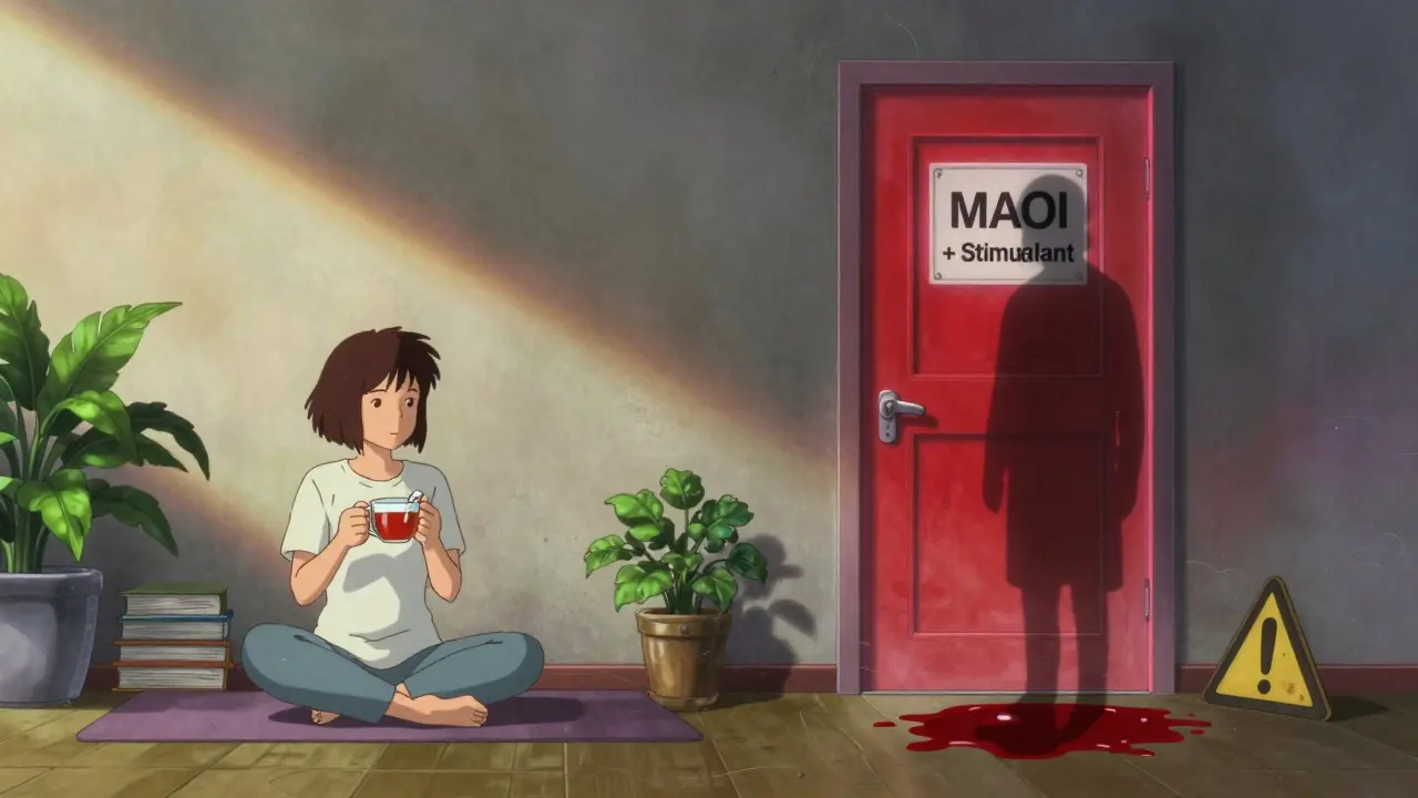 Contrasting calm healthy lifestyle vs. dangerous drug combination in surreal anime-style duality.