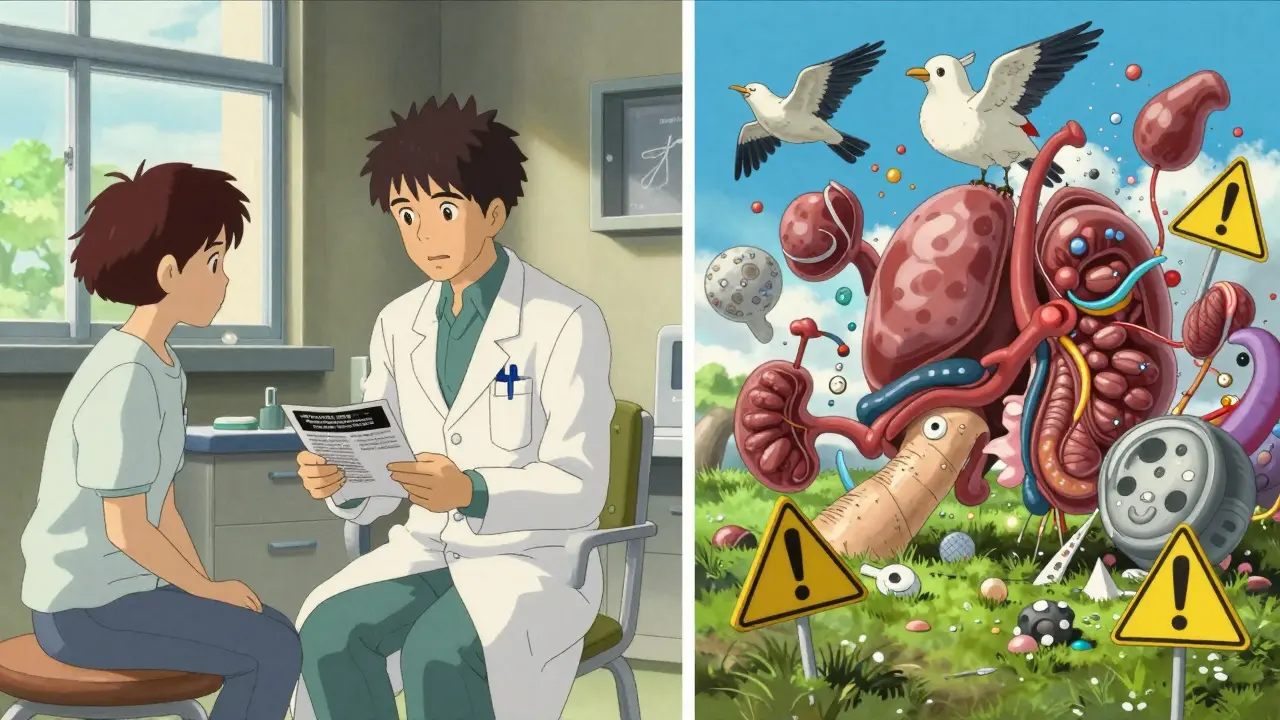 Doctor and patient discussing medication warning, surreal risks transforming into flying birds.