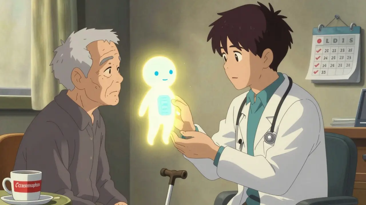 Doctor and senior in a clinic, a glowing buprenorphine patch between them with medical symbols nearby.