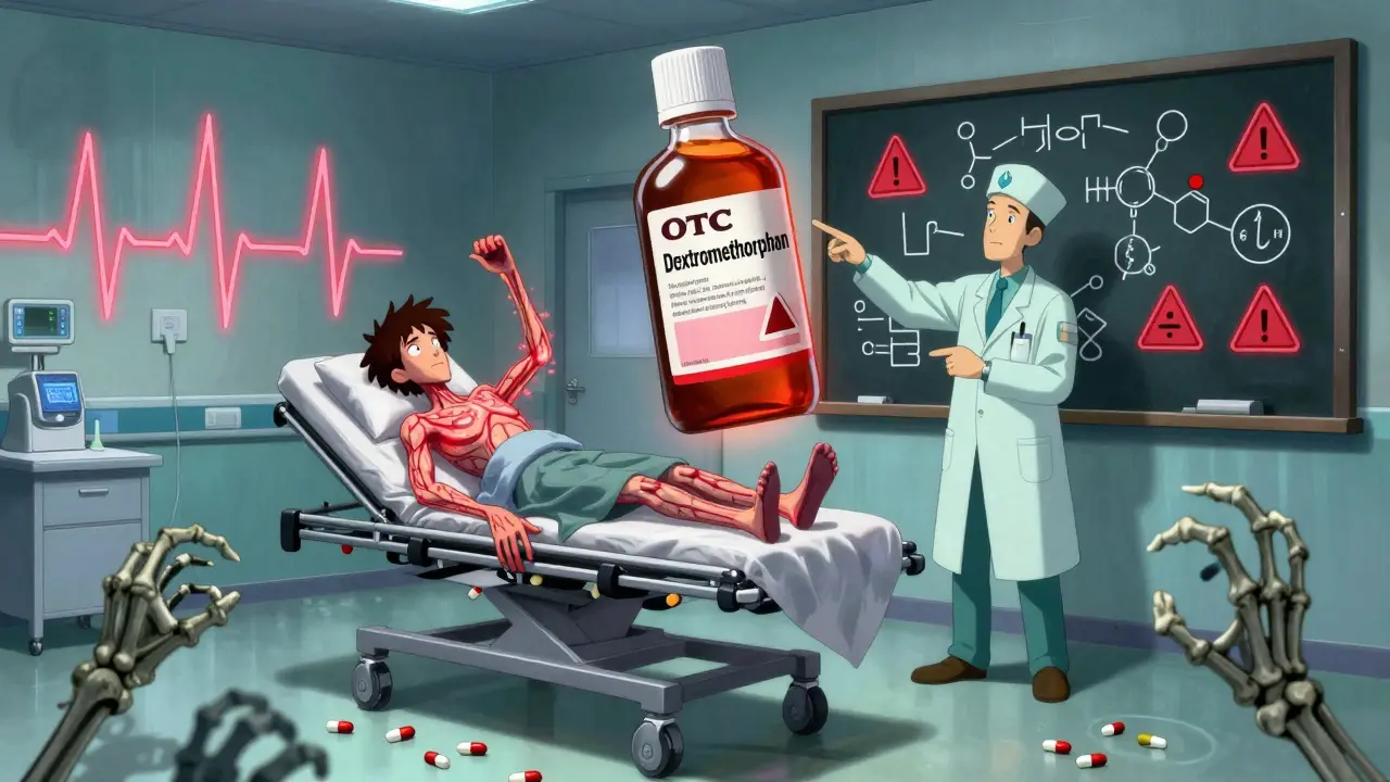 Emergency room scene with patient in crisis, pharmacist holding a dangerous cough syrup, and floating medical warnings.