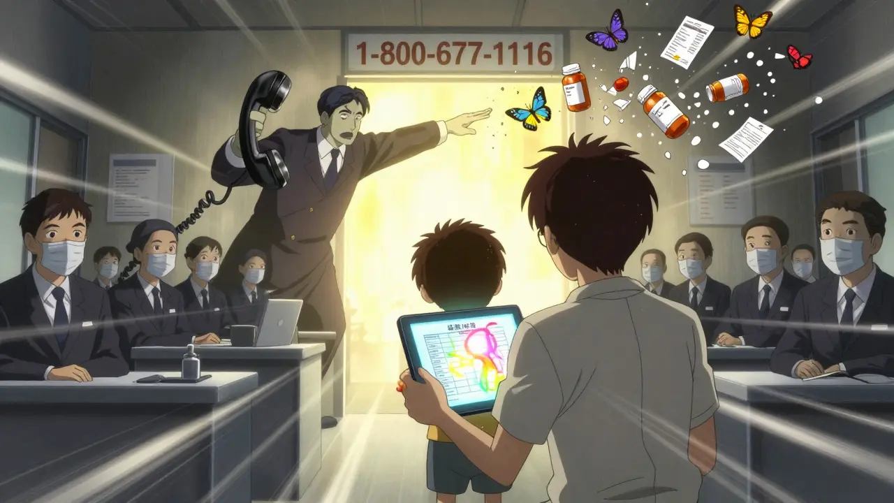 Family member confronting staff as a giant ombudsman emerges from a phone, pills turning into butterflies.